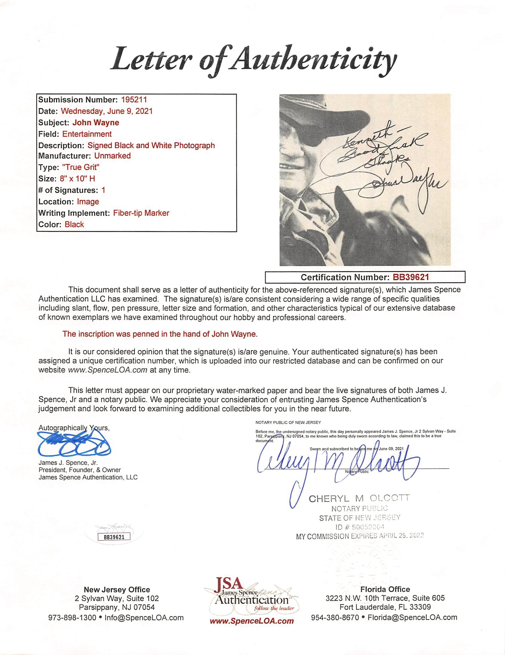 John Wayne True Grit "Good Luck" Authentic Signed 8x10 B&W Photo JSA #BB39621