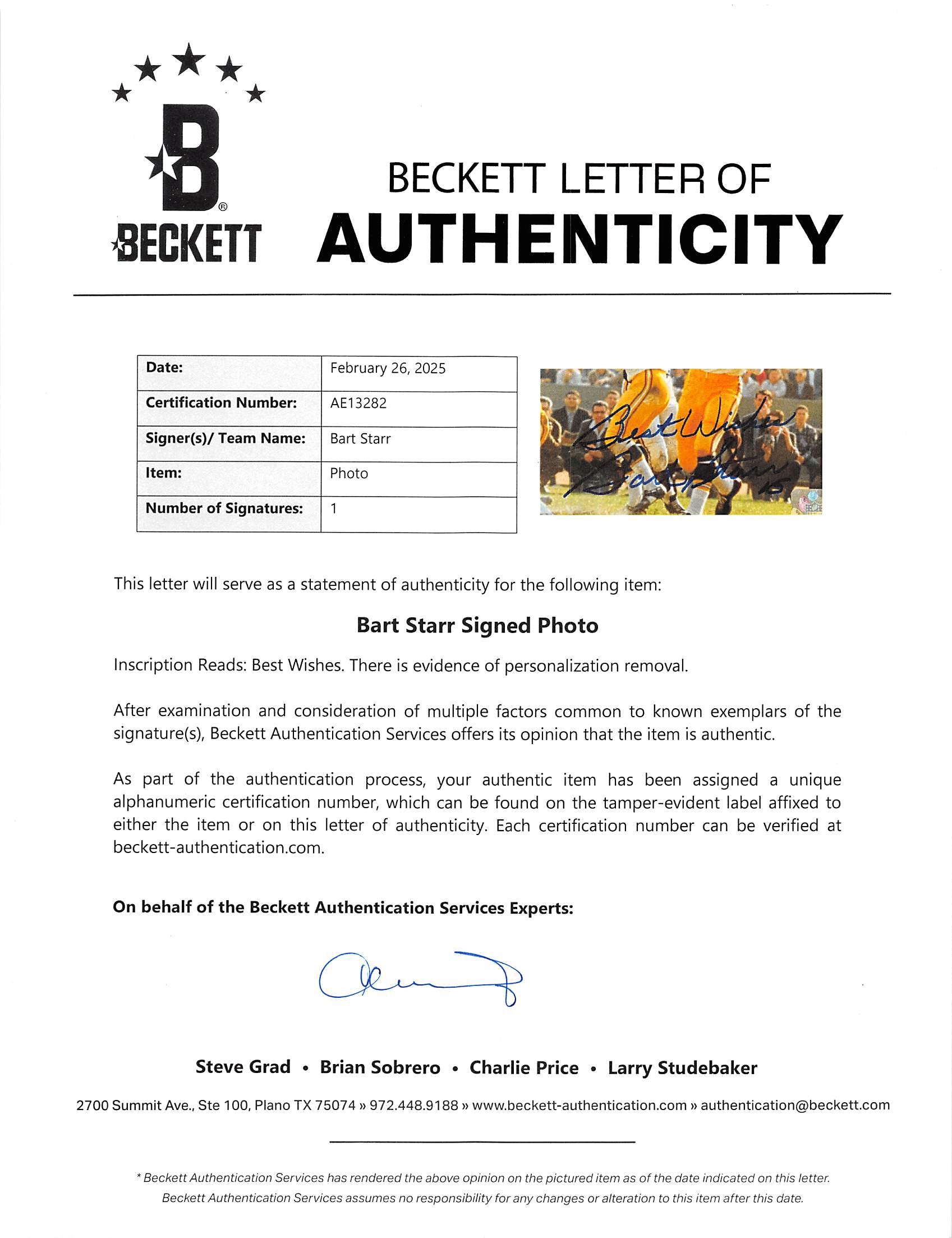 Packers Bart Starr "Best Wishes" Authentic Signed 8x10 Photo BAS #AE13282