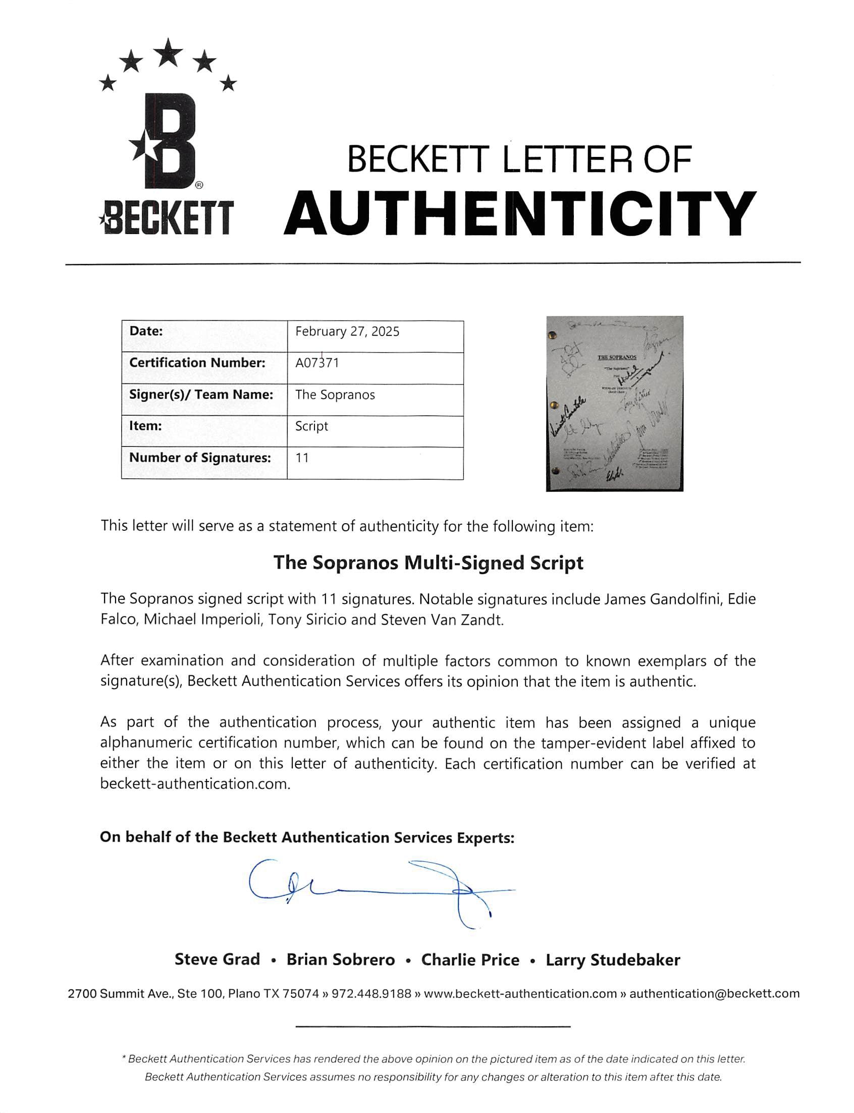 The Sopranos (11) Gandolfini, Falco, Imperioli +8 Signed Pilot Tv Script BAS LOA