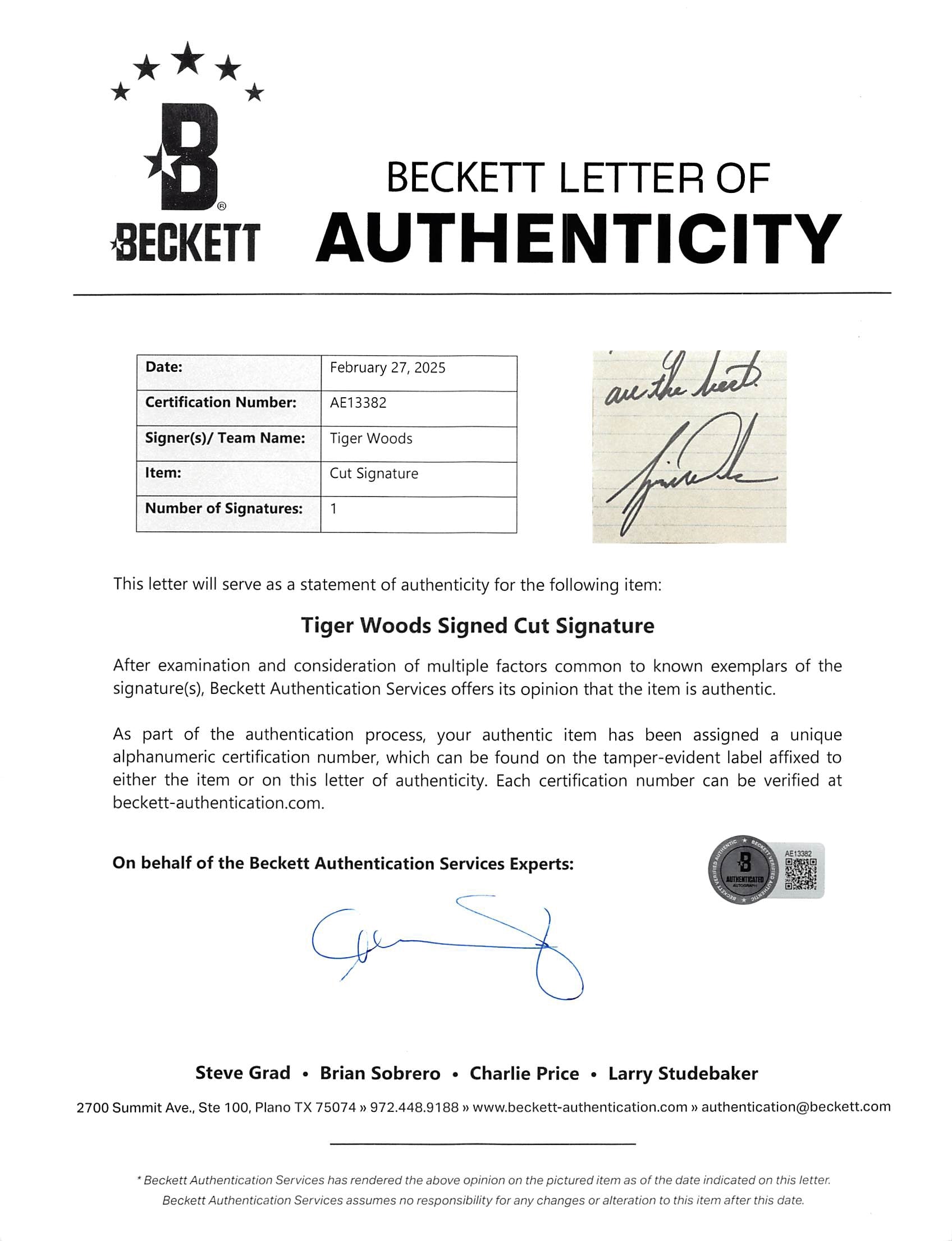 Tiger Woods Authentic Signed & Framed 4x3 Cut Signature BAS #AE13382