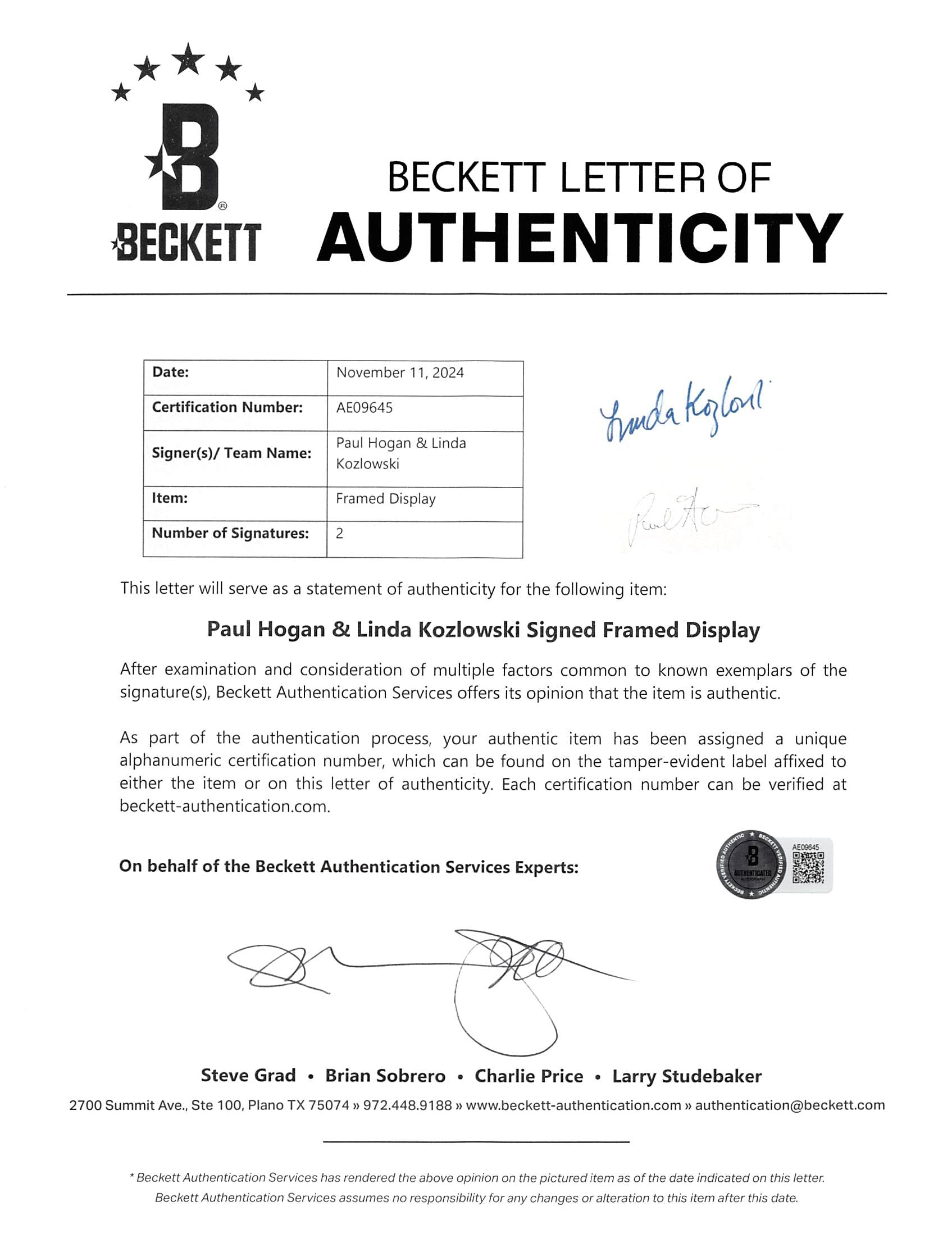 Paul Hogan & Linda Kozlowski Crocodile Dundee Signed Framed Display BAS #AE09645