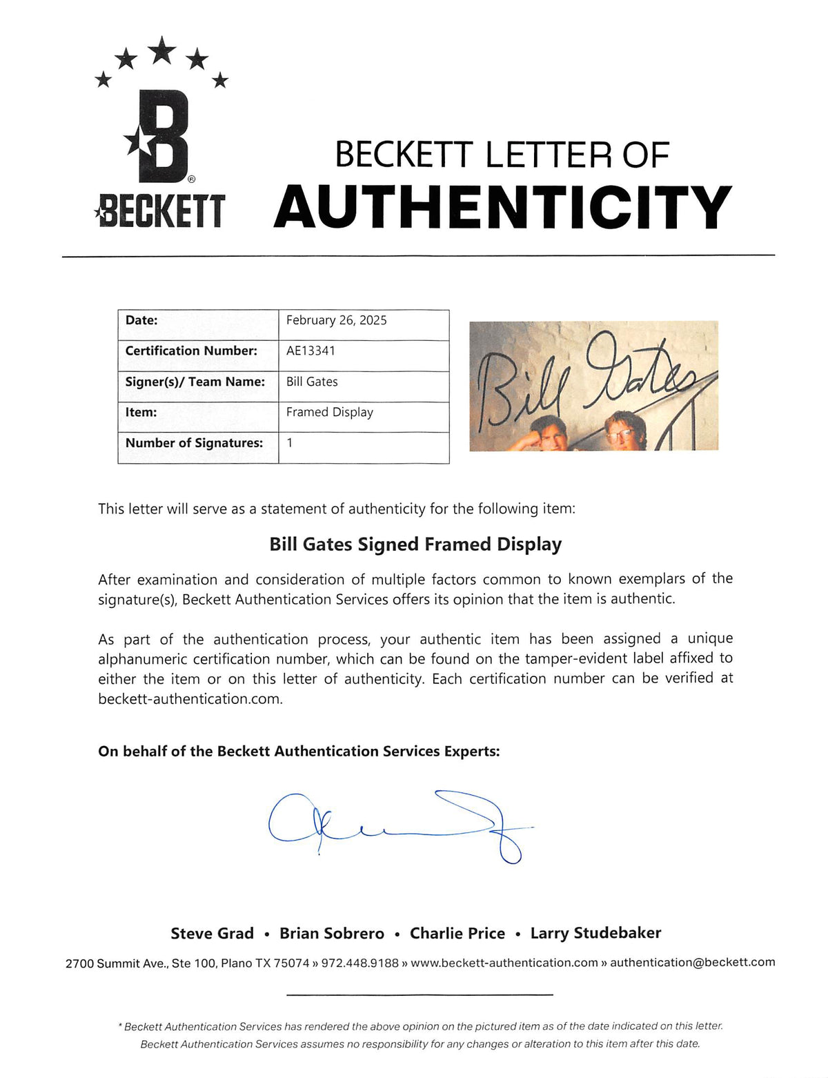 Microsoft Bill Gates Authentic Signed Photo Framed Display BAS #AE13341