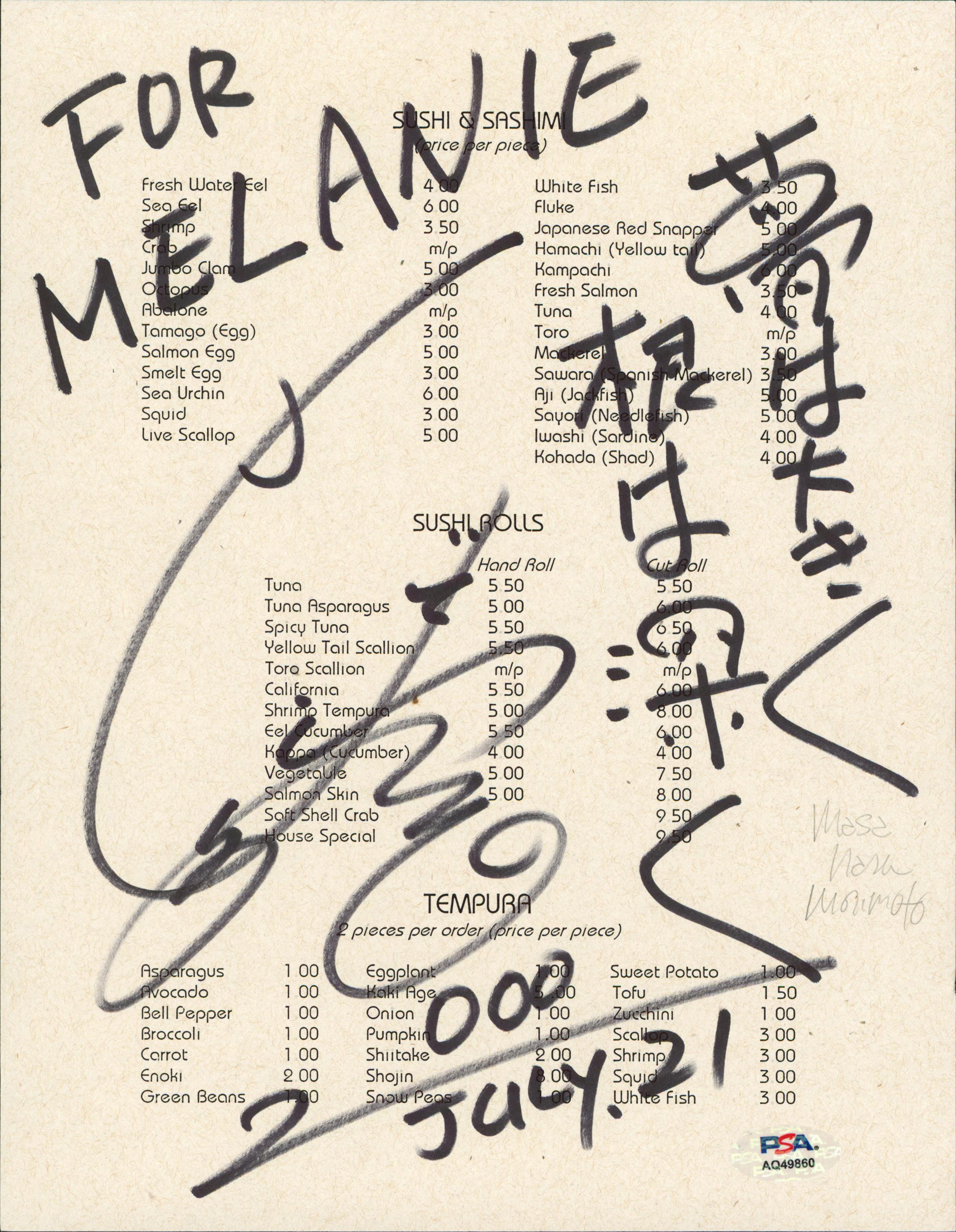 Chef Nobu Matsuhisa "For Melanie" Authentic Signed 8.5x11 Menu PSA/DNA #AQ49860