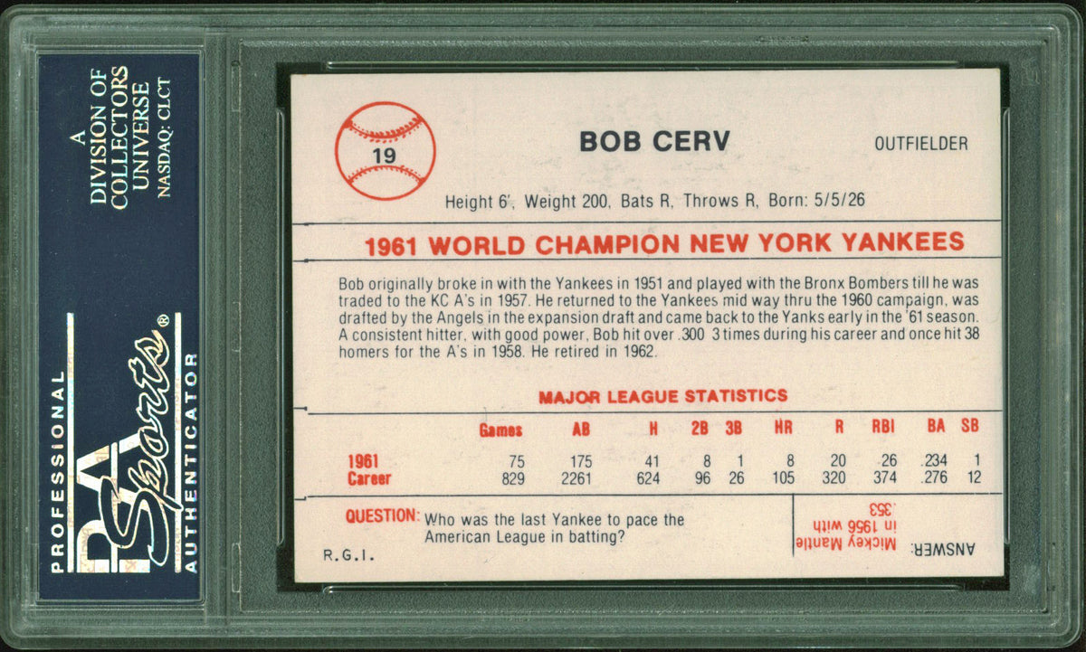 Yankees Bob Cerv Signed 1986 Renata Galasso '61 NYY #19 Card PSA Slabbed