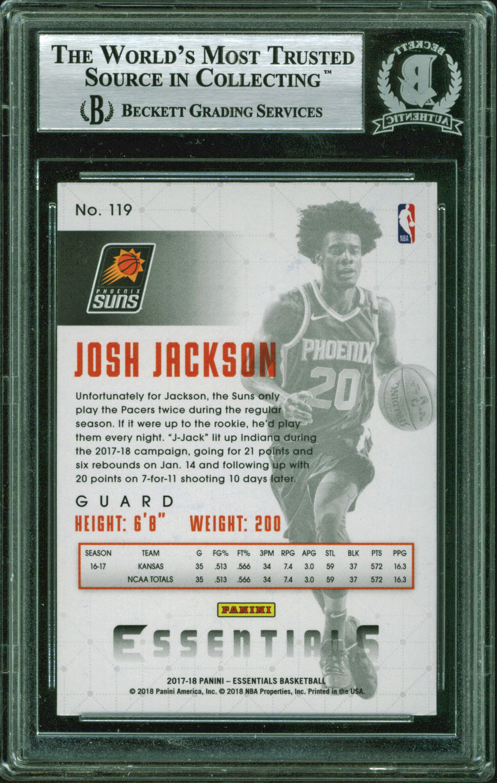 Grizzlies Josh Jackson Signed 2017 Panini Essentials #119 RC Card BAS Slabbed