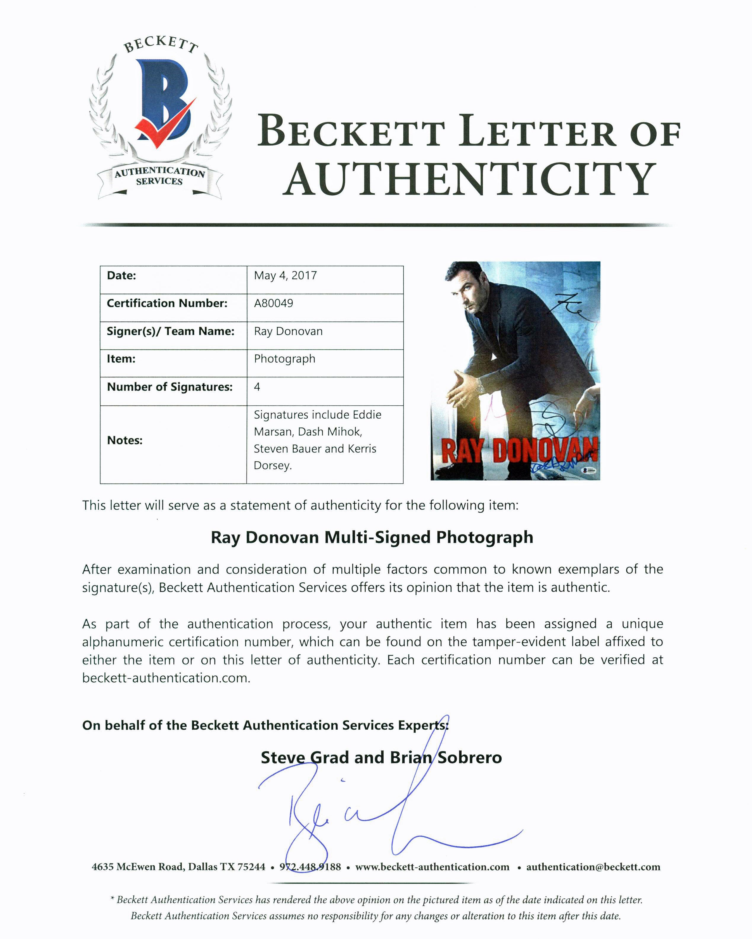 Ray Donovan (4) Marsan, Mihok, Bauer & Dorsey Signed 11X14 Photo BAS #A80049