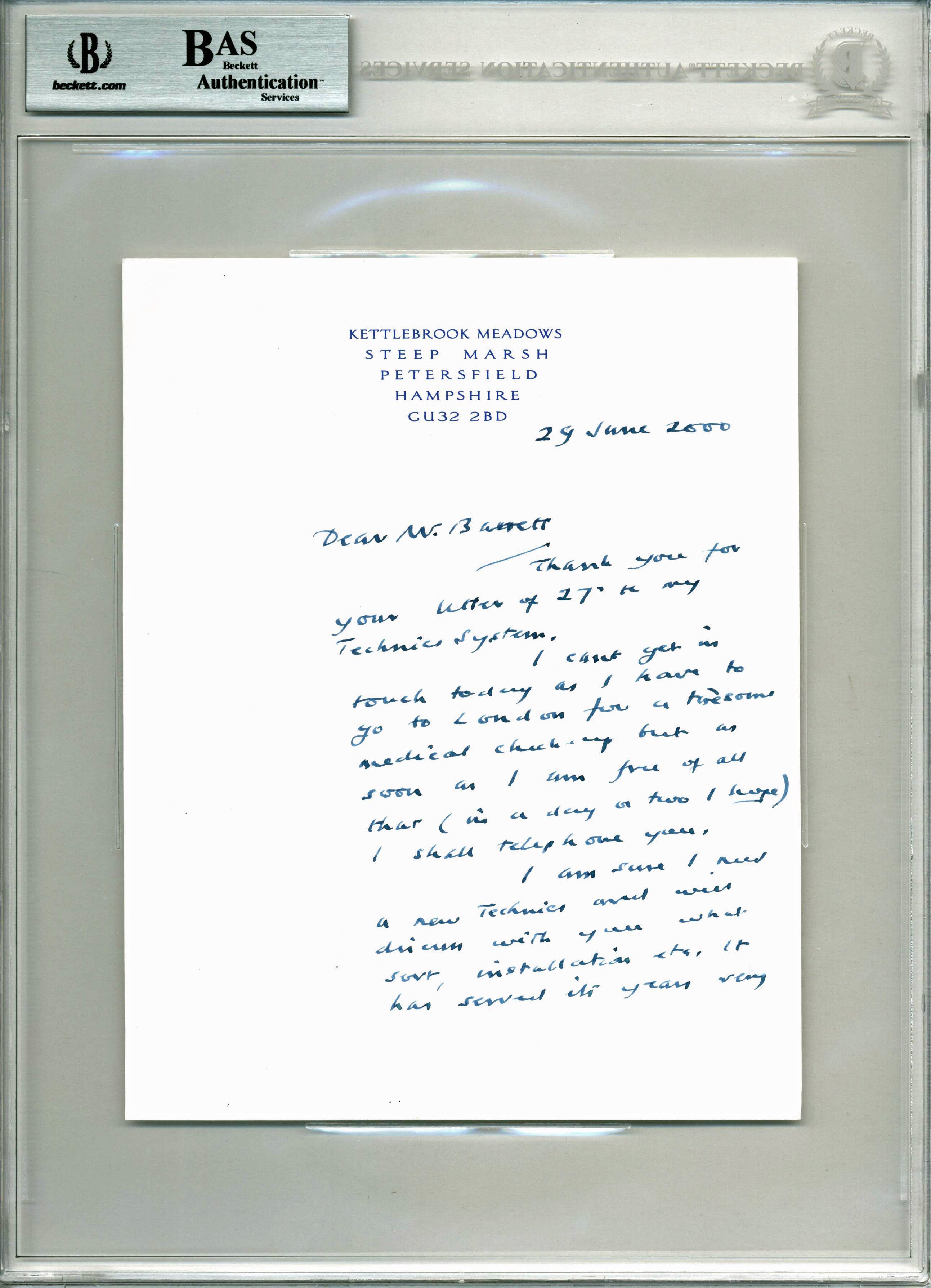 Alec Guinness Star Wars Authentic Signed 6.25x8 Handwritten Letter BAS Slabbed