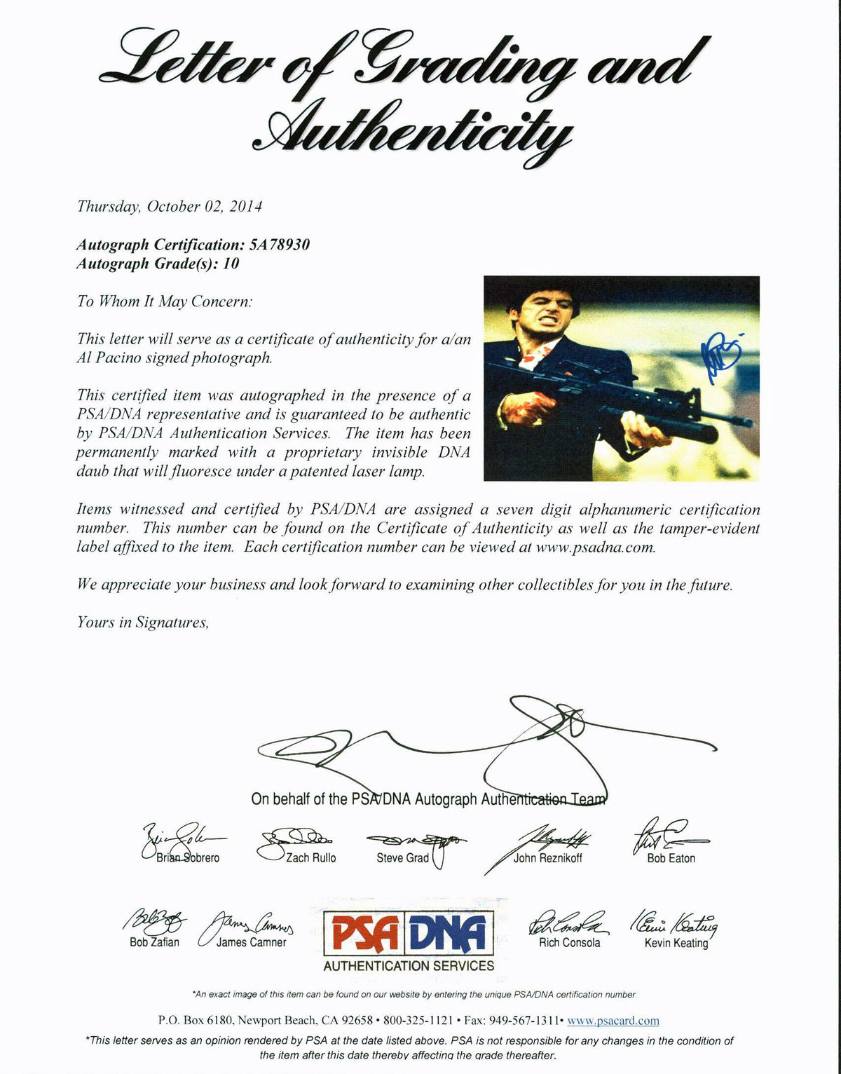 Al Pacino Scarface Signed 11X14 Photo Graded Perfect 10! PSA/DNA ITP #5A78930
