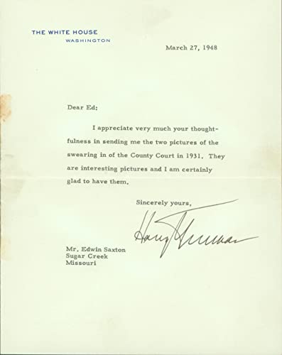Harry Truman Signed 7x8.75 1948 Letter On White House Letterhead BAS #AB14370