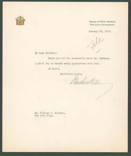 Woodrow Wilson Authentic Signed 7.85x9.5 Letter January 27, 1913 BAS #AB14545