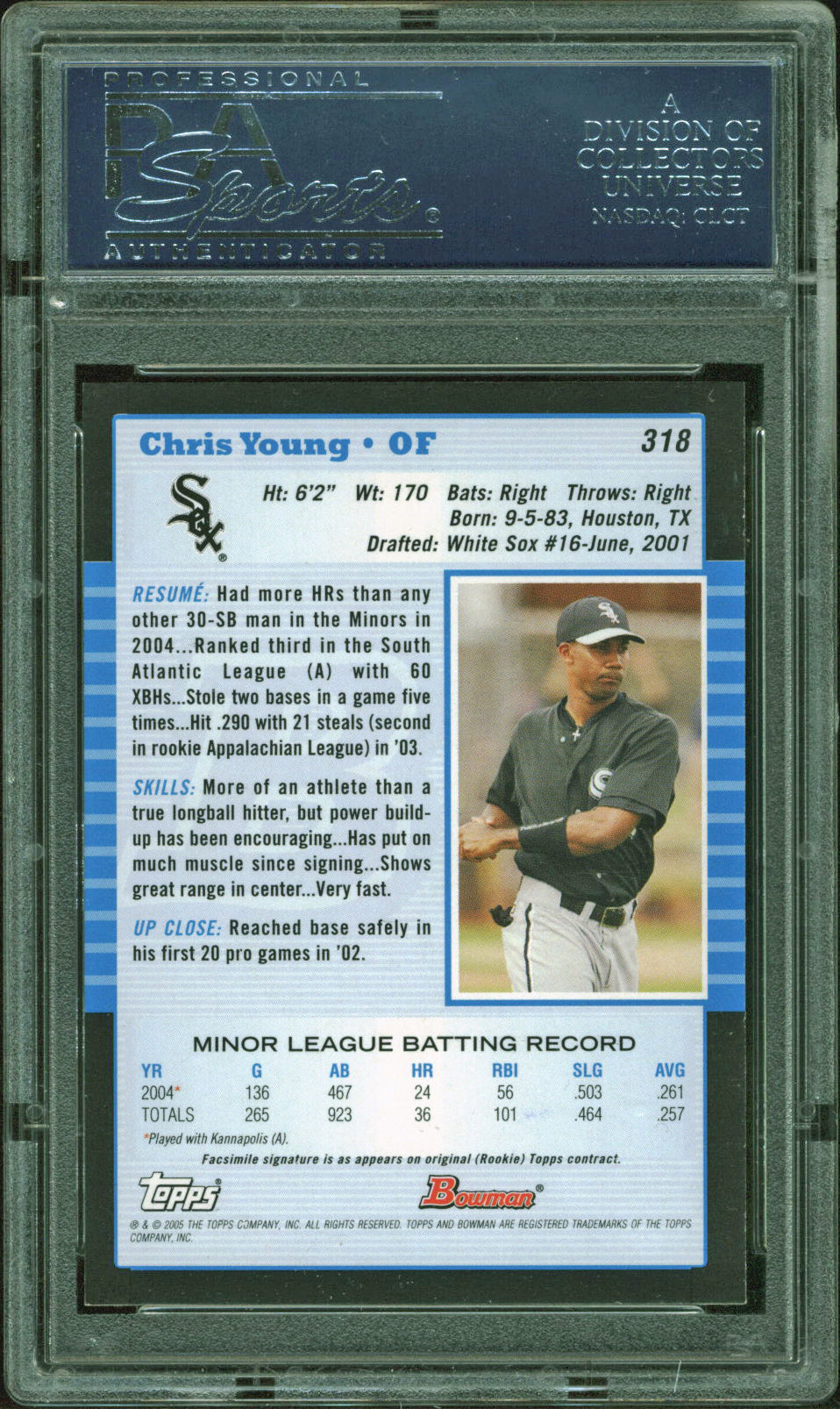 D-Backs Chris Young Authentic Signed 2005 Bowman #318 Rookie Card PSA Slabbed