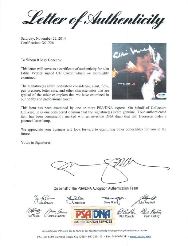 Eddie Vedder Authentic Signed Pearl Jam On Two Legs Cd Cover PSA/DNA #X01226