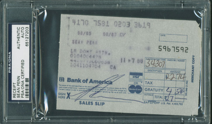 Sean Penn Authentic Signed 3.25X4.75 Receipt Autographed PSA/DNA Slabbed