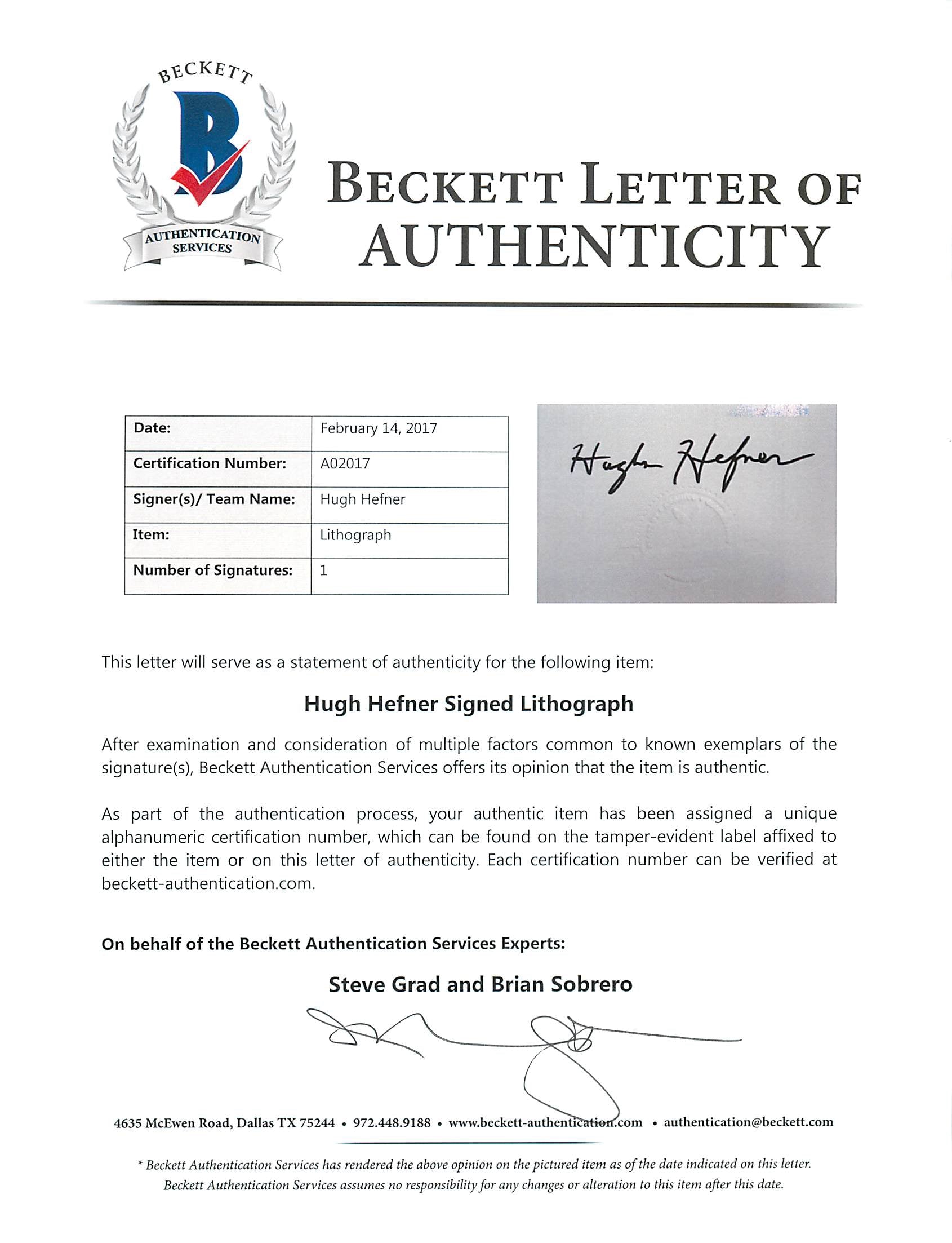 Hugh Hefner Authentic Signed 16.5x20 Playboy Artist Print Photo BAS #A02017