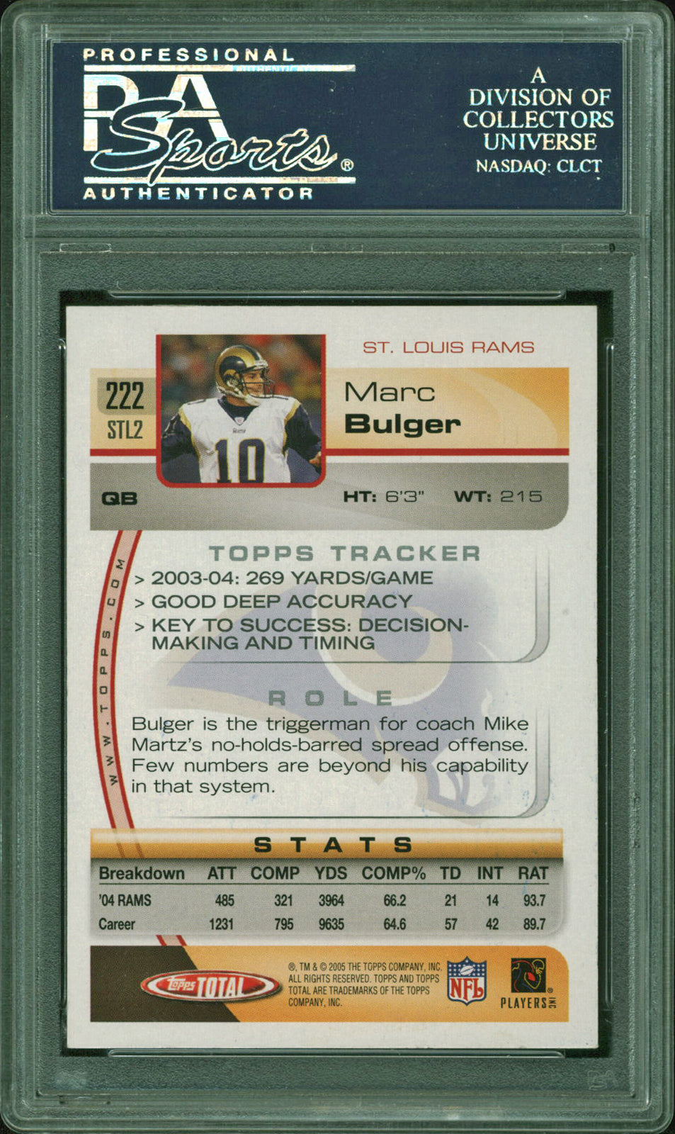 Rams Marc Bulger Signed 2005 Topps Total #222 Auto Card PSA Slabbed #83744313