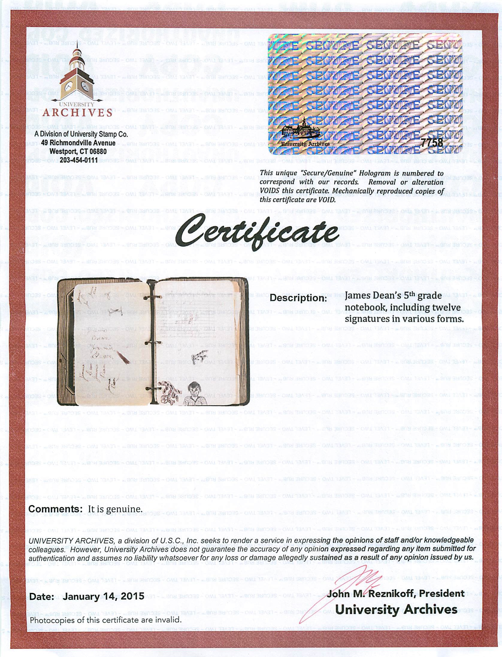 James Dean 1.5x3.5 Handwriting Sample from 5th Grade Notebook JSA Slab #8947580