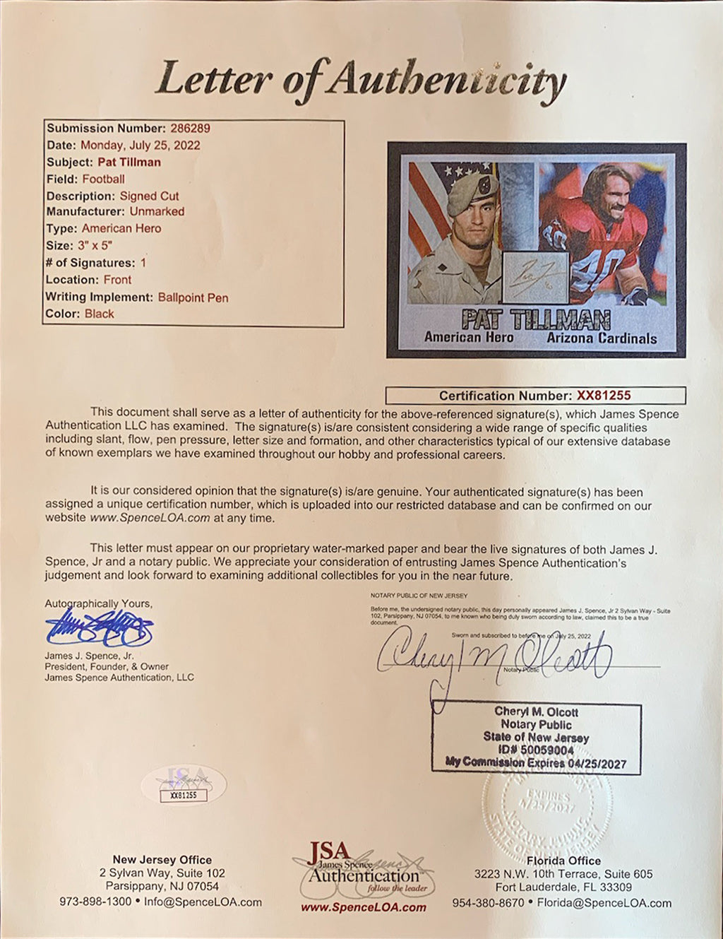 Cardinals Pat Tillman Authentic Signed 2.5x3.5 Custom Card Framed Display JSA