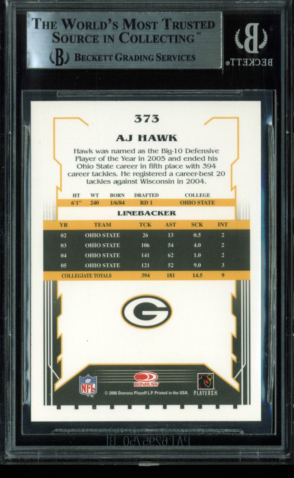 Packers A.J. Hawk Authentic Signed Card 2006 Score RC #373 BAS Slabbed