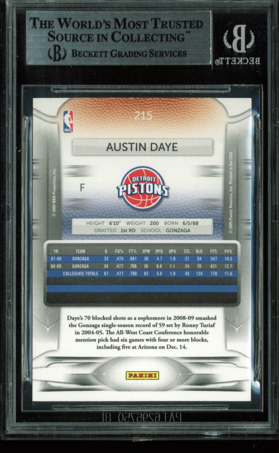 Pistons Austin Daye Authentic Signed Card 2009 Prestige RC #215 BAS Slabbed