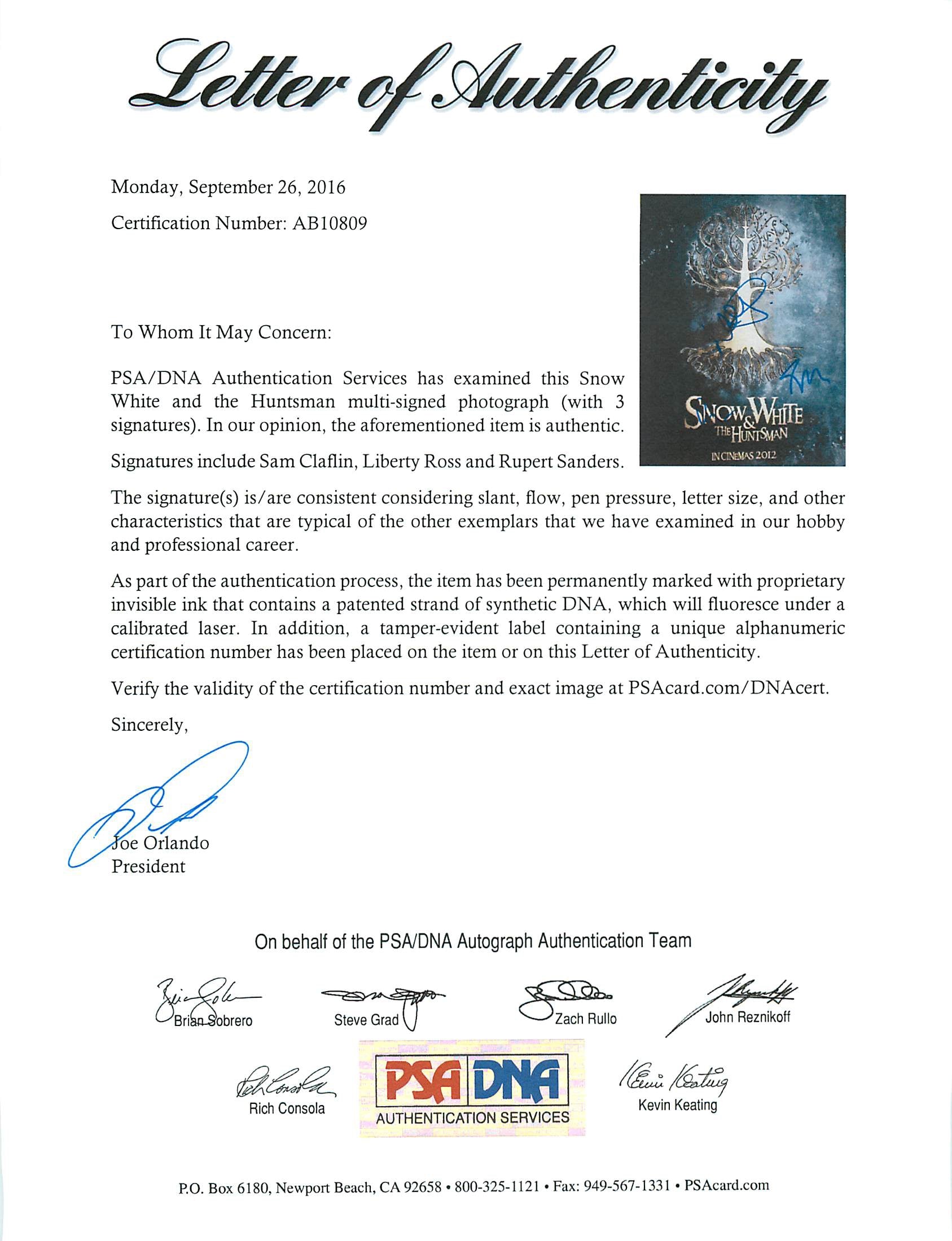 Snow White & the Huntsman (Sam Claflin, +2) Authentic Signed 12x18 PSA #AB10809