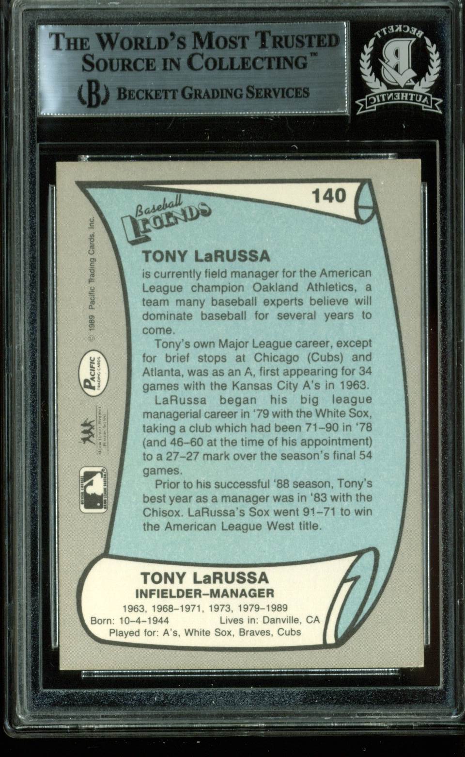 Athletics Tony LaRussa Signed Card 1989 Paciffic Legends II #140 BAS Slabbed