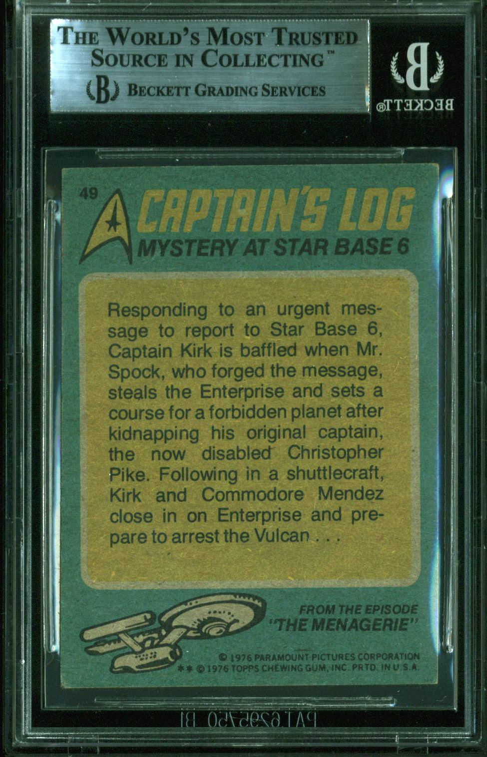 William Shatner Signed 1976 Star Trek #49 Mystery At Star Base Card BAS Slabbed