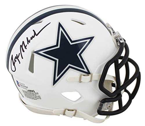 Cowboys Roger Staubach Signed Flat White Speed Mini Helmet w/ Black Sig BAS Wit