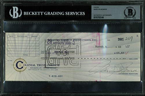 Marilyn Monroe Signed 3x8.5 Marilyn Monroe Productions Inc. Check BAS Slabbed