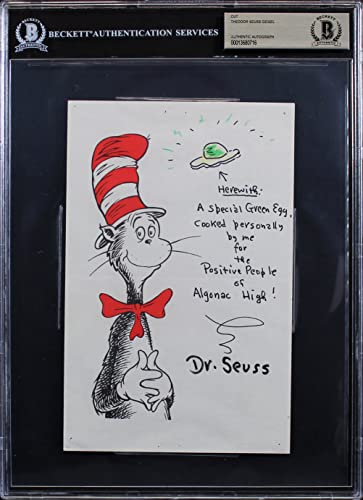 Dr. Seuss Authentic Signed 5.5x8.5 Green Eggs & Ham Sketch BAS Slabbed
