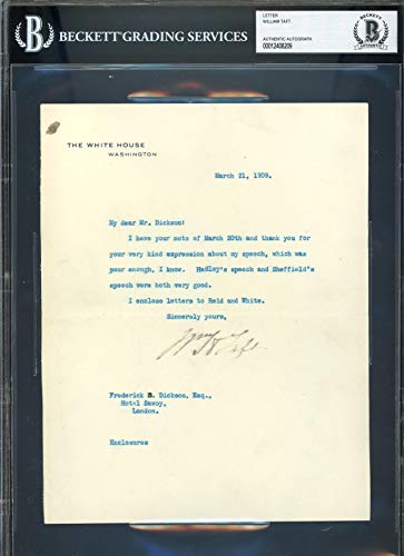 William H. Taft Authentic Signed 7x8.75 1909 Letter On WH Stationary BAS Slabbed
