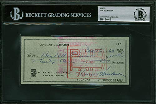 Packers Vince Lombardi Signed 2.75x6.25 Check Dated December 16, 1963 BAS Slab