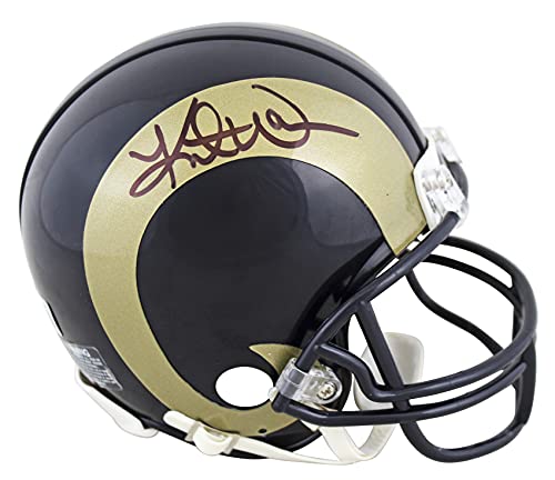 Rams Kurt Warner Authentic Signed Gold Horn Rep Mini Helmet BAS Witnessed
