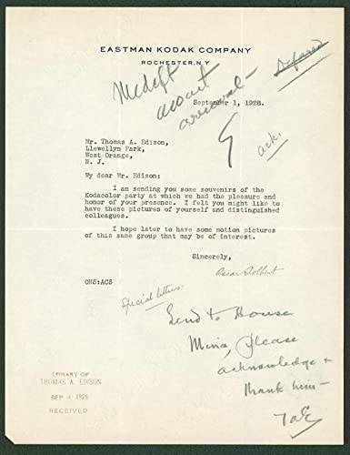 Thomas Edison Signed 8.5x11 Letter On Eastman Kodak Co. Letterhead BAS #AB14577