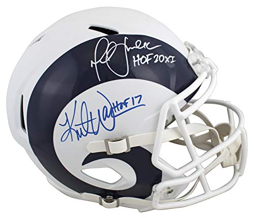 Rams Kurt Warner & Marshall Faulk Signed Flat White F/S Speed Rep Helmet BAS