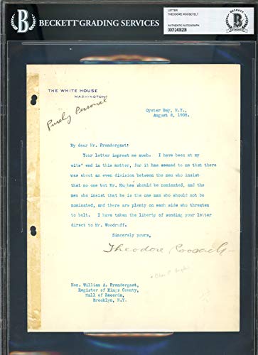 Theodore Roosevelt Signed 7x8.75 1908 Letter On White House Stationary BAS Slab