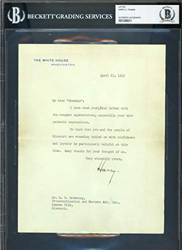 Harry S. Truman Signed 7x8.75 1945 Letter On White House Stationary BAS Slabbed