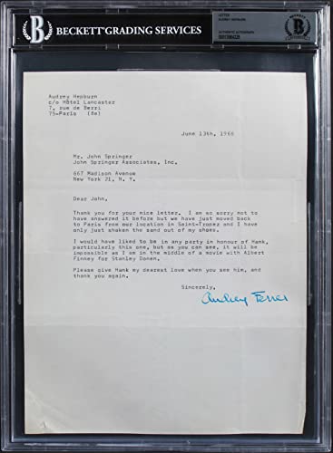 Audrey Hepburn Breakfast At Tiffany's Signed 8x10.5 1966 Letter BAS Slabbed