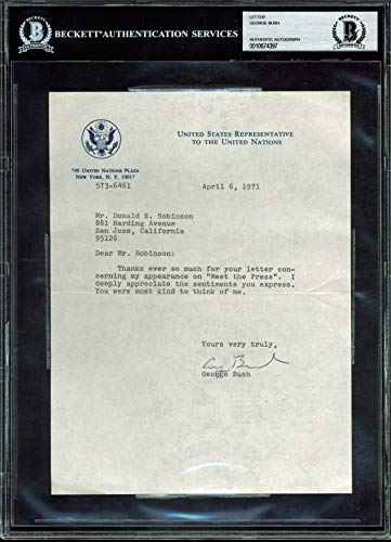 George H.W. Bush Signed 6.75x9 1971 Letter On UN Ambassador Letterhead BAS Slab