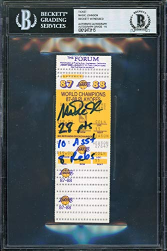 Lakers Magic Johnson Game Stats Signed 1988 Finals Ticket Auto Grade 10 BAS Slab