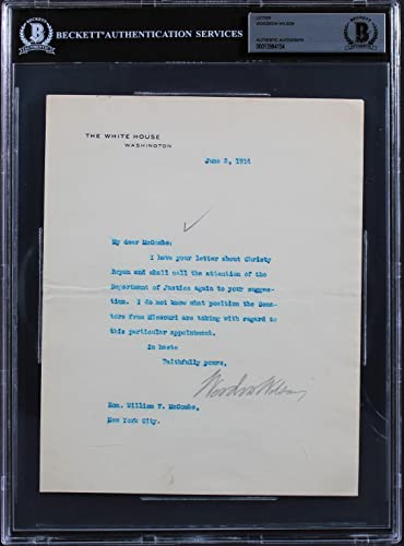 Woodrow Wilson Signed 7x8.75 1914 Letter On White House Letterhead BAS Slab 10