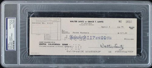 Walter Lantz Woody Woodpecker Authentic Signed 1975 Check PSA/DNA Slabbed