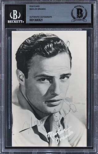 Marlon Brando Authentic Signed 3.5x5.5 Black & White Photo Postcard BAS Slabbed
