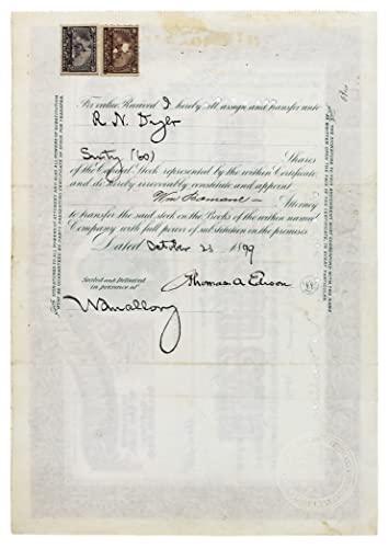 Thomas Edison Signed 8.25x11.75 1899 Portland Cement Stock Certificate Dated JSA