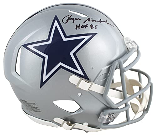 Cowboys Roger Staubach "HOF 85" Signed SIlver Full Size Speed Proline Helmet BAS