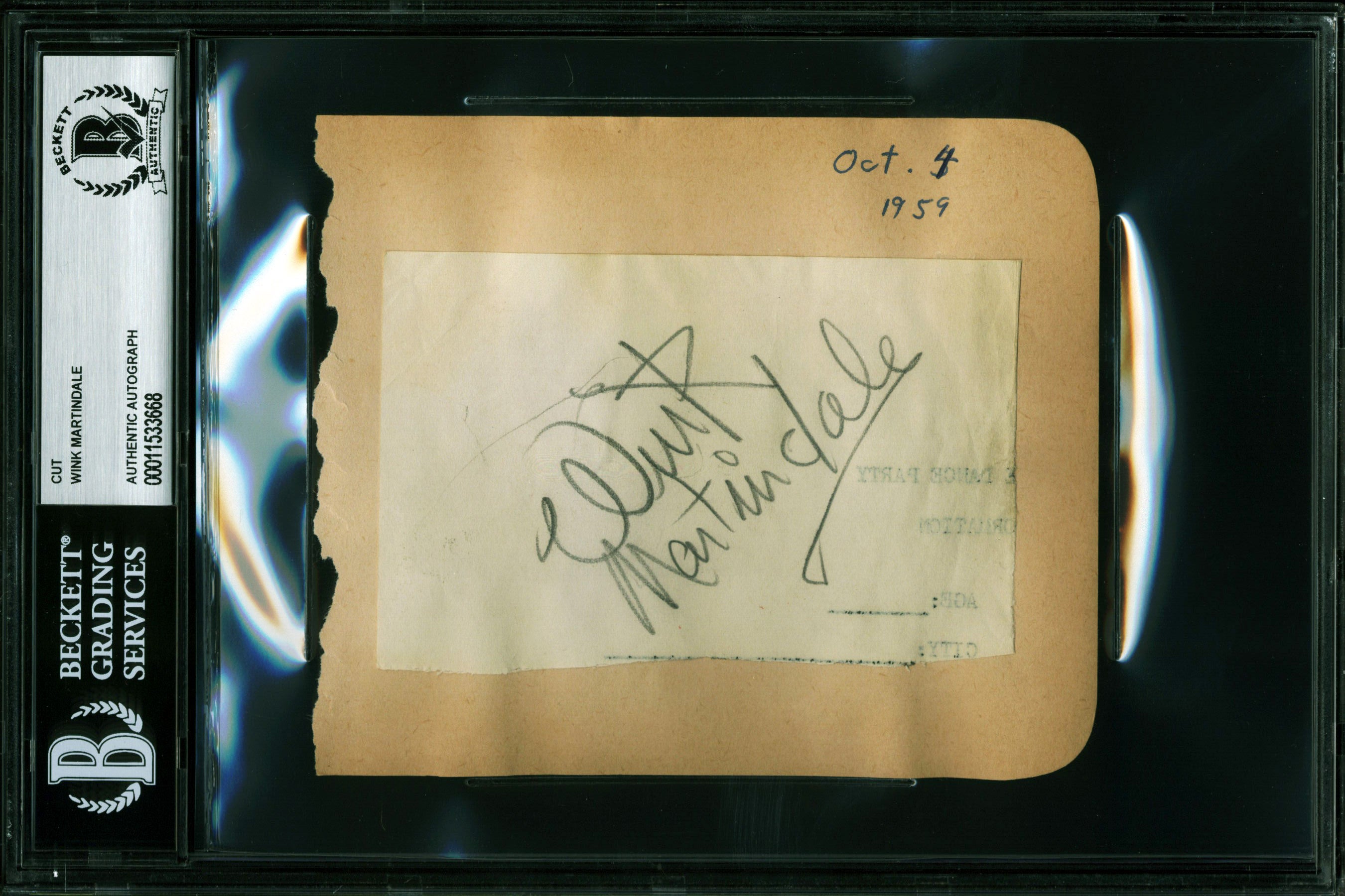 Wink Martindale Tic-Tac-Dough Signed 2.75x4.25 Cut Signature BAS Slabbed