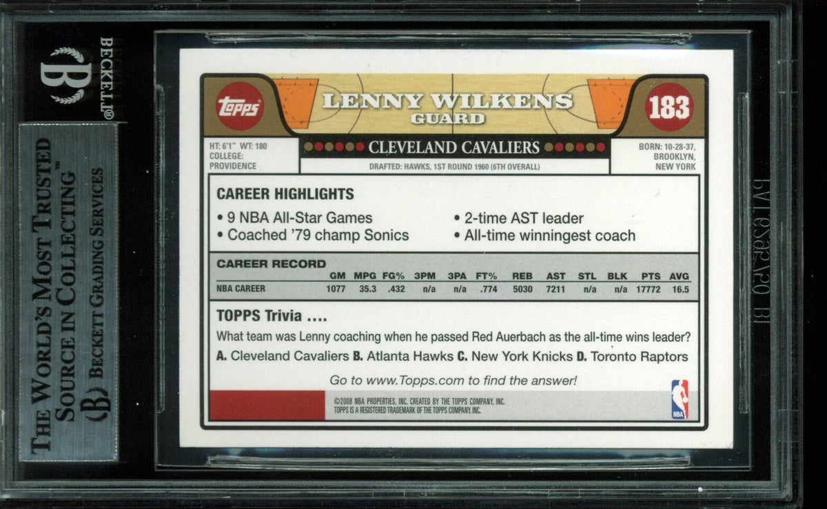 Lenny Wilkens "HOF 89" Authentic Signed Card 2008 Topps Gold #183 BAS Slabbed