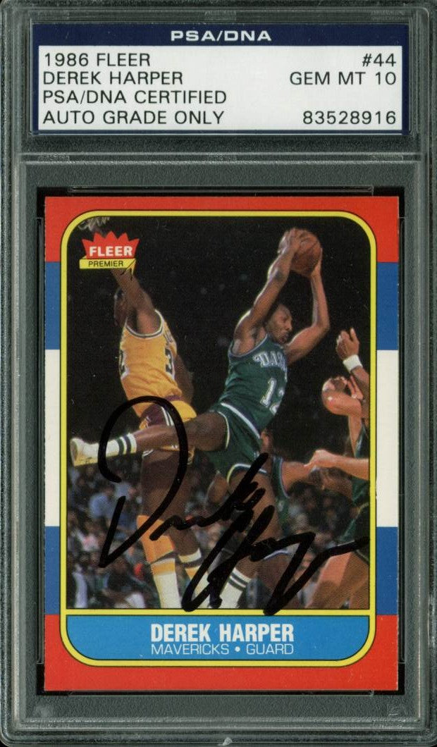 Mavs Derek Harper Signed Card 1986 Fleer #44 Auto Graded Gem Mint 10 PSA Slabbed