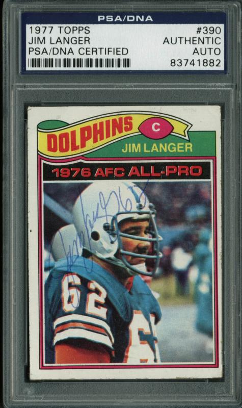 Dolphins Jim Langer Authentic Signed Card 1977 Topps #390 PSA/DNA Slabbed