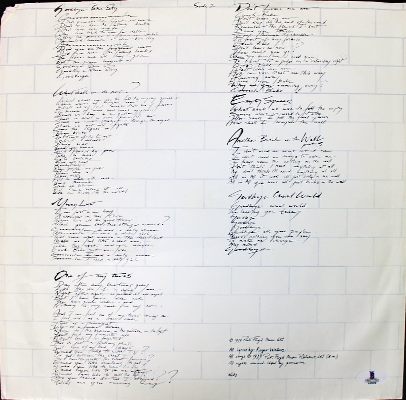 Roger Waters & David Gilmour Pink Floyd Signed The Wall Album Sleeve BAS #A02050