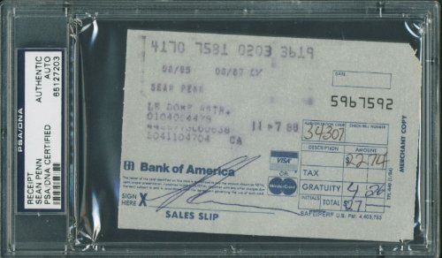 Sean Penn Authentic Signed 3.25X4.75 Receipt Autographed PSA/DNA Slabbed